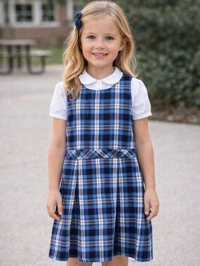 Lands’ End Girls Plaid School Uniform Jumper Dress Size 14 Plus Blue